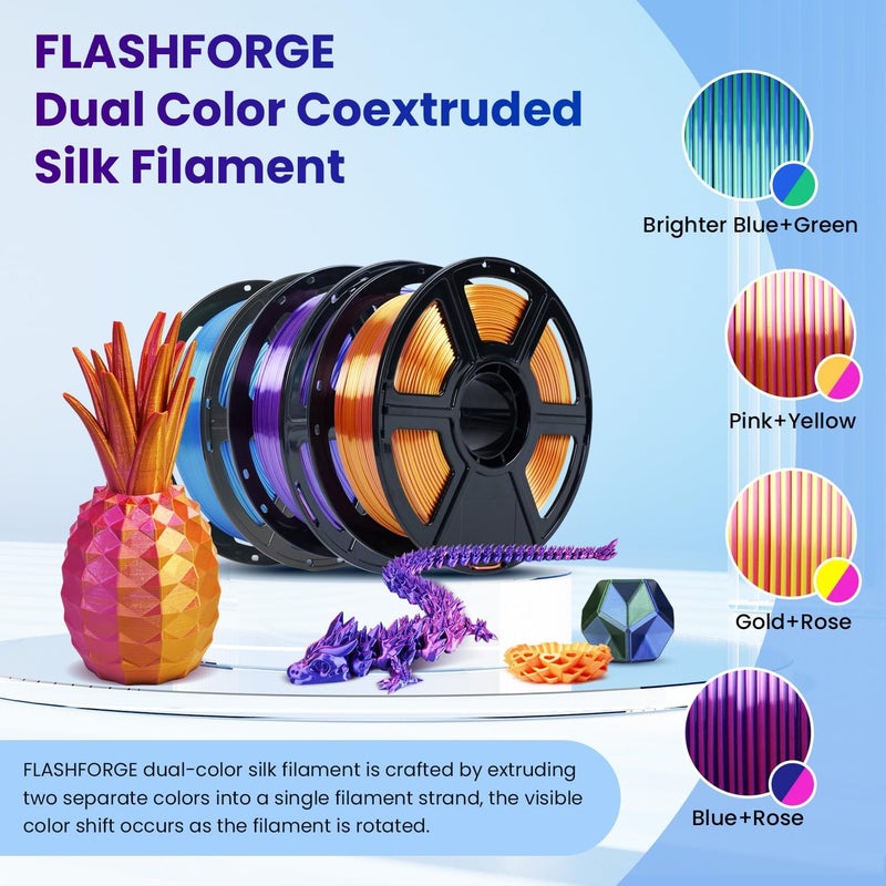 FLASHFORGE خيوط PLA ثنائية اللون من الحرير 1.75 مم، لون أزرق ساطع وأخضر مزدوج، خيوط طباعة ثلاثية الأبعاد متعددة الألوان، لمسة حريرية ساحرة مع تأثير تغيير اللون متعدد الألوان بزاوية 360° - Image 2